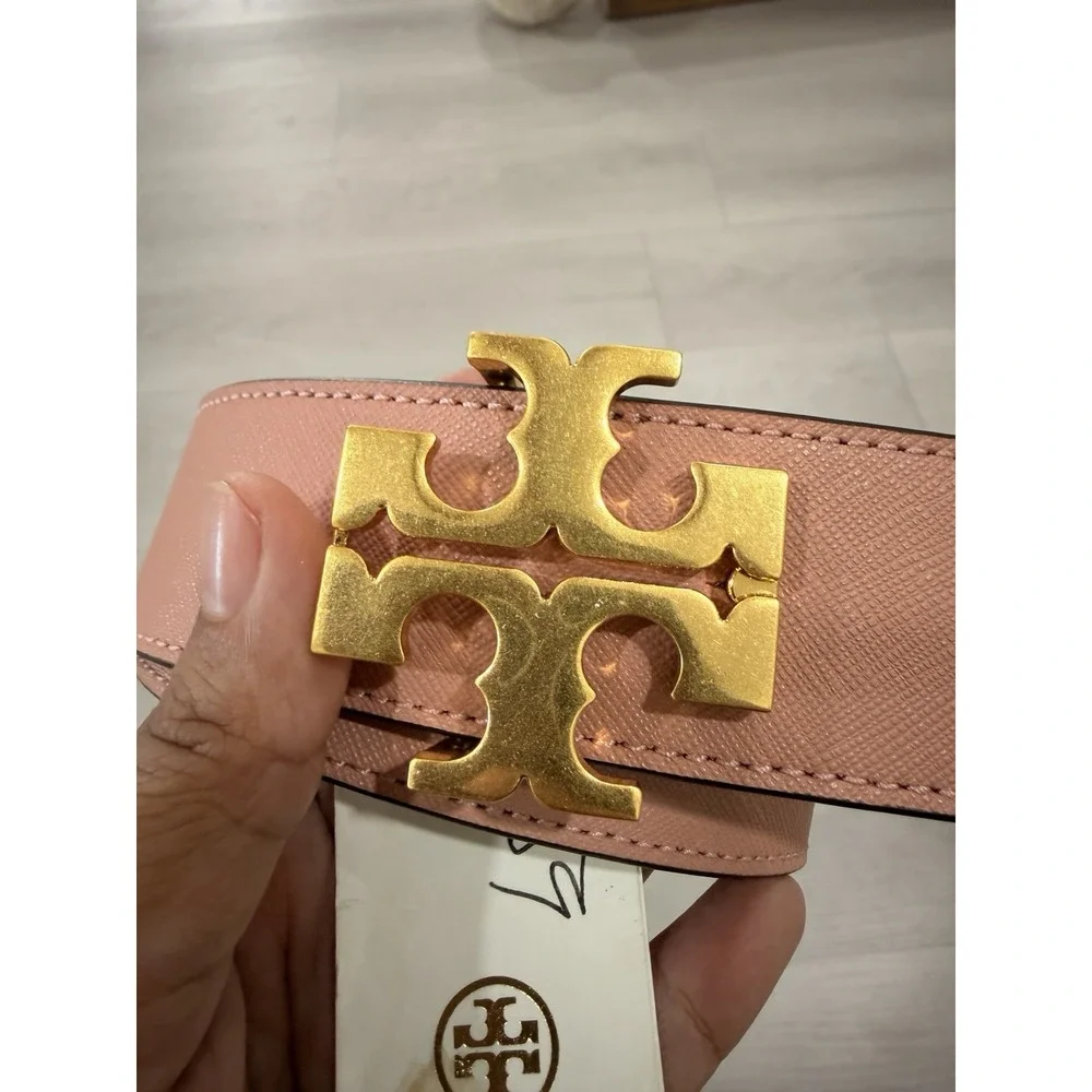 Tory Burch Reversible Logo Belt M Pink Moon Taupe Gold Double T NWT